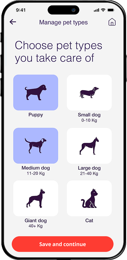 Choose pet type preferences screen