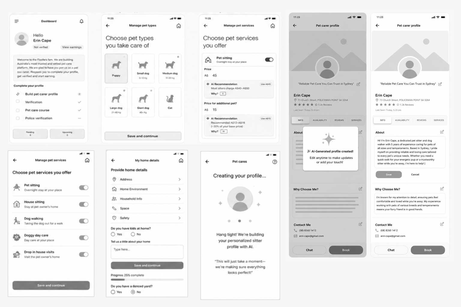 AI profile builder early low-fidelity wireframe explorations collage