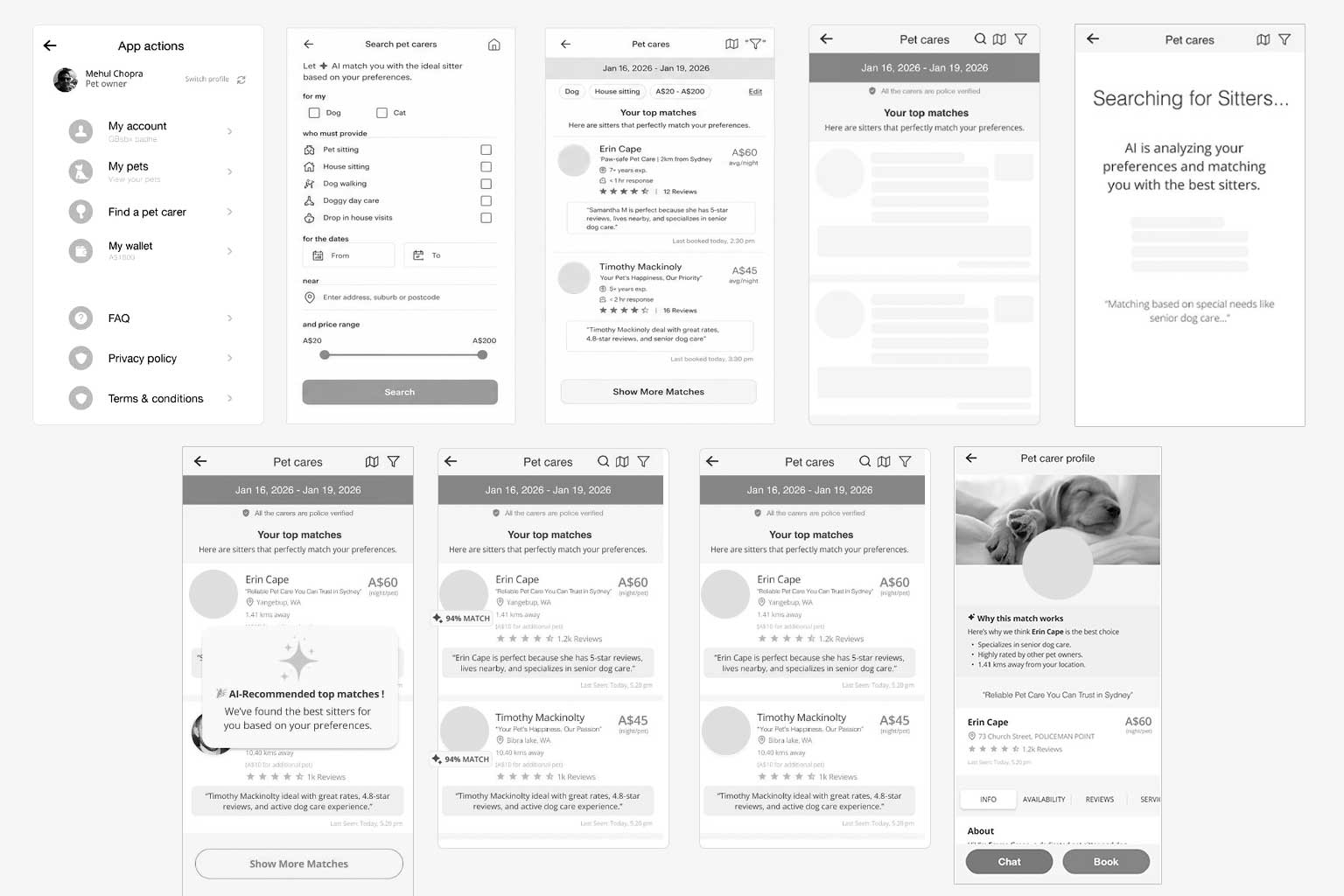 Smart search early low-fidelity wireframe explorations collage