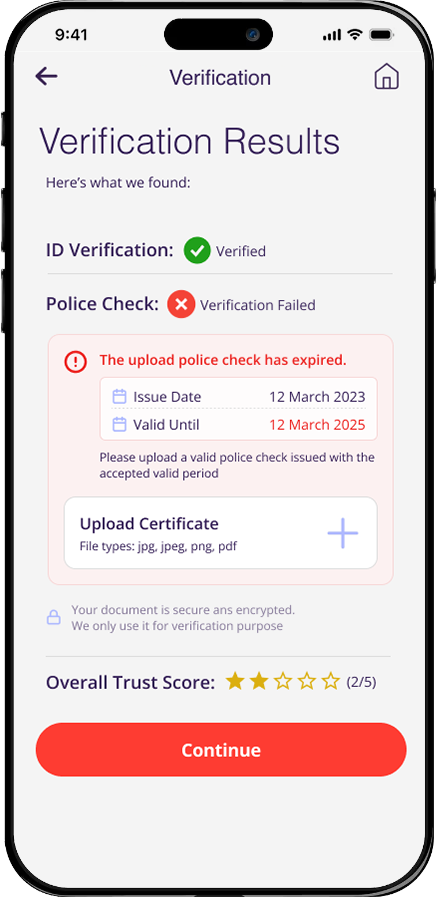 Verification exception state screen